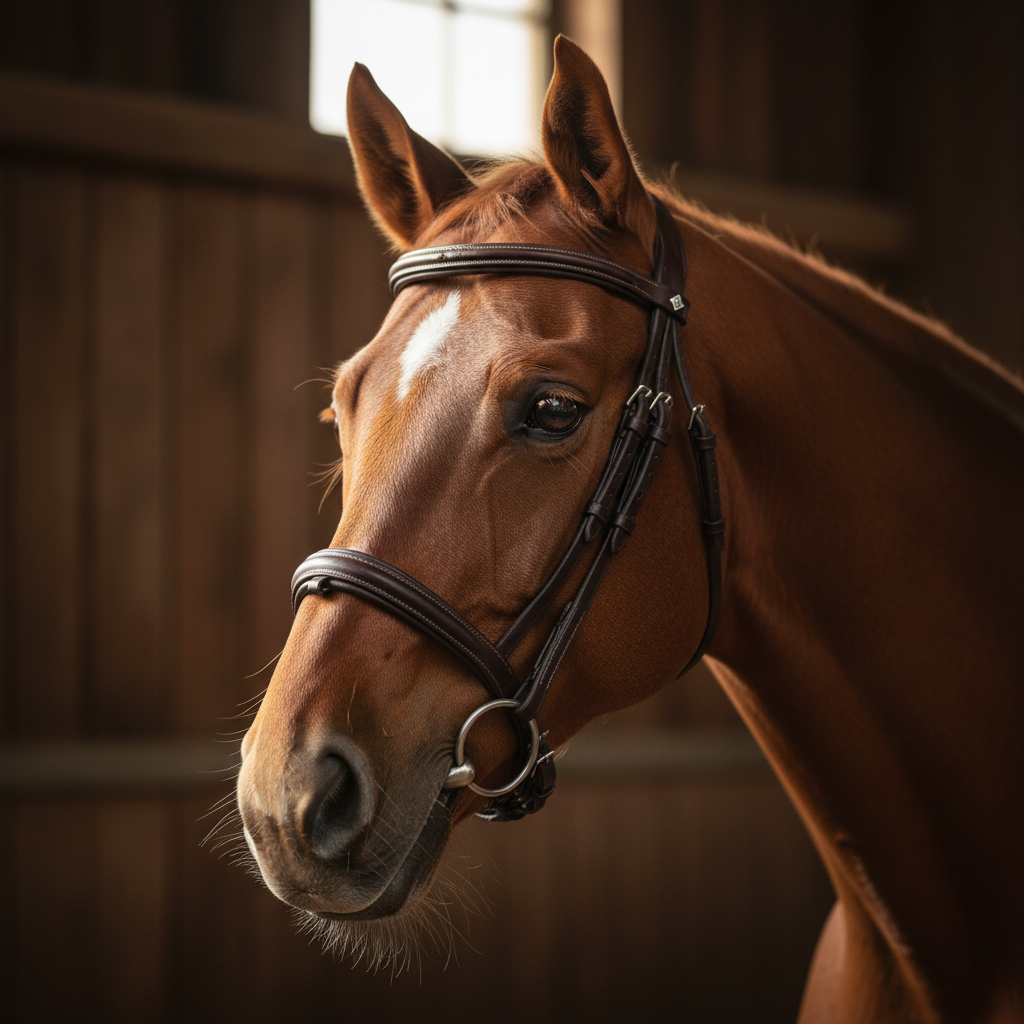 A close-up photographic study of a chestnut horse’s head, turned slightly three-quarters to camera, with a fine leather bridle and delicate silver buckles catching the light. Every whisker around the soft muzzle, each eyelash, and the subtle flecks in the deep brown eye are rendered with meticulous realism. The background is a dark, blurred stable interior with hints of textured wooden planks. A single high side window casts a shaft of warm, directional light across the face, carving out planes of bone and muscle and leaving the far side in gentle shadow. Composed using the rule of thirds with a very shallow depth of field, the mood is intimate, contemplative, and quietly luxurious, ideal for a sophisticated equine art portfolio hero image.
