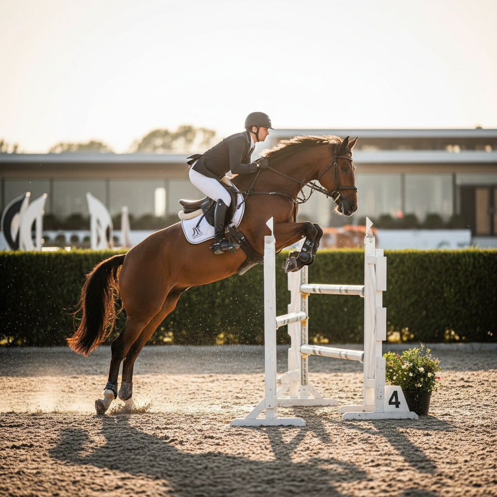 A dynamic action scene of a bay showjumper clearing a minimalist white vertical fence in an outdoor arena, captured at the precise moment of suspension. The horse’s forelegs are tucked neatly, hindquarters pushing off the ground, with the glossy bay coat catching fragmented sunlight. Tiny particles of sand and dust are frozen mid-air around the powerful hooves. The arena background—green hedges, distant decorative standards, and a low, modern clubhouse—is rendered in tasteful blur. Late afternoon golden hour light streams in from behind, creating dramatic rim lighting along the horse’s outline and casting a long, elegant shadow forward. Shot from a low, slightly off-center angle, the composition feels bold and cinematic, with a crisp, contemporary photographic realism that underscores athleticism and precision.