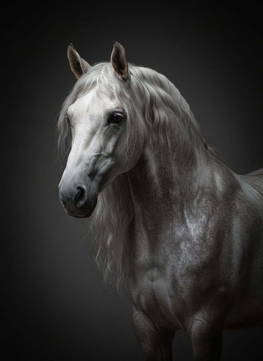 A refined studio-style equine portrait against a seamless charcoal-grey backdrop, featuring a silver dapple Andalusian in three-quarter profile. The horse’s luxuriant, wavy mane cascades down the arched neck like satin, individual strands sharply defined. Controlled softbox lighting from above and slightly to one side creates a sculptural interplay of highlights and shadows across the muscular neck, shoulders, and delicately flared nostrils. The background fades to deep, velvety darkness at the edges, isolating the luminous figure. Composed tightly with the head and upper torso filling the frame, the shallow depth of field keeps every hair on the face crisp while allowing the mane to drift into slight softness. The atmosphere is formal, museum-like, and highly sophisticated, echoing classical oil portraiture translated into photographic realism.