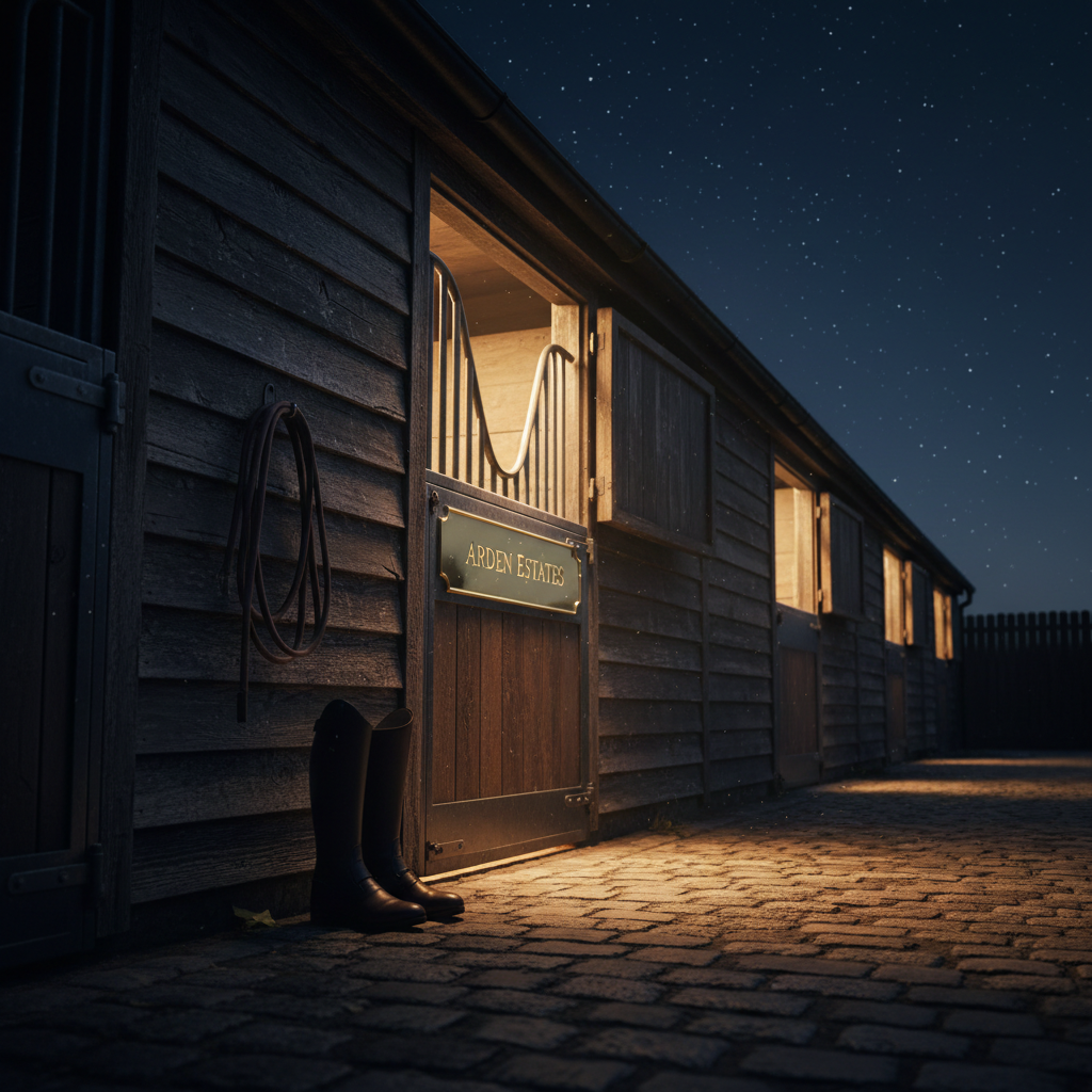A cinematic night-time stable exterior under a clear starry sky, focusing on one slightly open stall door with warm light spilling from within. The weathered dark timber walls contrast with the meticulously polished brass nameplate on the half-door, catching the stable light. A neatly coiled lead rope hangs on a hook, and a pair of brushed leather boots rests beside the threshold, hinting at high-level sport horses inside. Cool moonlight washes the cobblestone aisle in soft blue tones, while the interior stall light creates a glowing, inviting focal point. Photographed from a low angle down the aisle, the perspective draws the viewer toward the illuminated doorway. The atmosphere is hushed, intimate, and slightly dramatic, merging rustic textures with a refined, cinematic photographic realism suitable for a niche portfolio section.
