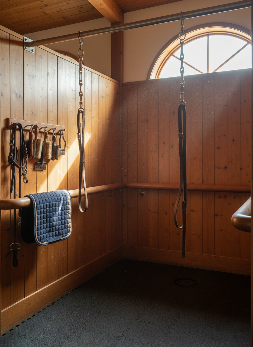 A quiet barn interior scene focused on an empty, carefully arranged grooming stall that suggests the presence of equine subjects. Smooth, warm-toned wooden walls and polished metal cross-ties frame the space, with a neatly hung array of high-quality brushes and leather tack on one side. A folded wool saddle pad in muted navy and cream rests over a wooden rail. Late afternoon light filters in through an upper window, casting soft beams and fine dust motes through the air, creating gentle highlights on metal hardware and subtle shadows along the floor. Photographed at eye level with sharp focus throughout, the composition leads the eye into the stall, evoking anticipation of a horse entering. The mood is serene, orderly, and understatedly luxurious, reinforcing the refined world surrounding equine art.