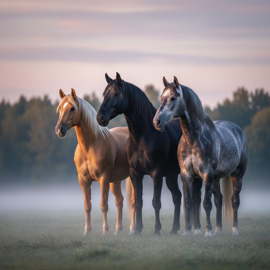 An elegant group composition of three horses—an ebony-black warmblood, a golden palomino, and a steel-grey mare—standing close together in a fog-laced meadow at dawn. Each coat reflects the cool early-morning light differently, from the velvet absorption of the black to the soft shimmer of the palomino’s pale mane. Low-lying mist curls around their legs, and distant treelines dissolve into a soft, atmospheric blur. The rising sun casts a subtle pastel gradient across the sky, with light grazing their backs and creating delicate rim highlights. Photographed at a slightly low angle with a wide aperture, the horses occupy the central band of the frame, their forms overlapping in a harmonious, painterly rhythm. The overall mood is serene, poetic, and timeless, evoking fine-art photography suited to a high-end portfolio.