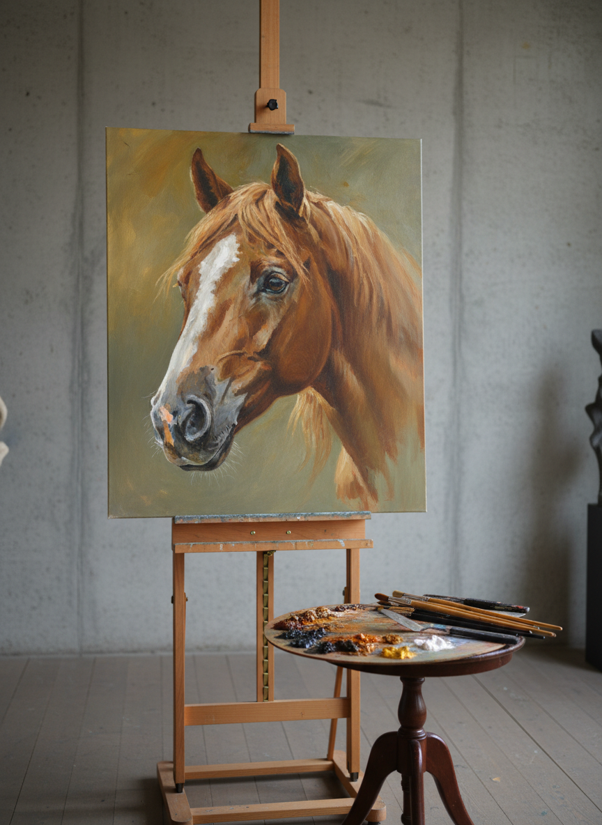 A sophisticated still life of an artist’s equine painting in progress, without showing the artist. A large, finely stretched canvas on an easel displays a partially completed, hyper-realistic horse head emerging from a softly blurred background. Rich earth-tone oil paints glisten on a wooden palette resting on a nearby taboret, with several high-quality brushes laid with their bristles stained in sienna and umber. The studio features a textured concrete wall and a simple wooden floor, minimalist and uncluttered. Natural north light pours in from an unseen window, providing cool, even illumination that brings out subtle brushwork and depth in the painted eye. Shot from a slightly oblique angle with moderate depth of field, the mood is contemplative and intellectual, emphasizing process, craft, and the sophistication of fine equine art.